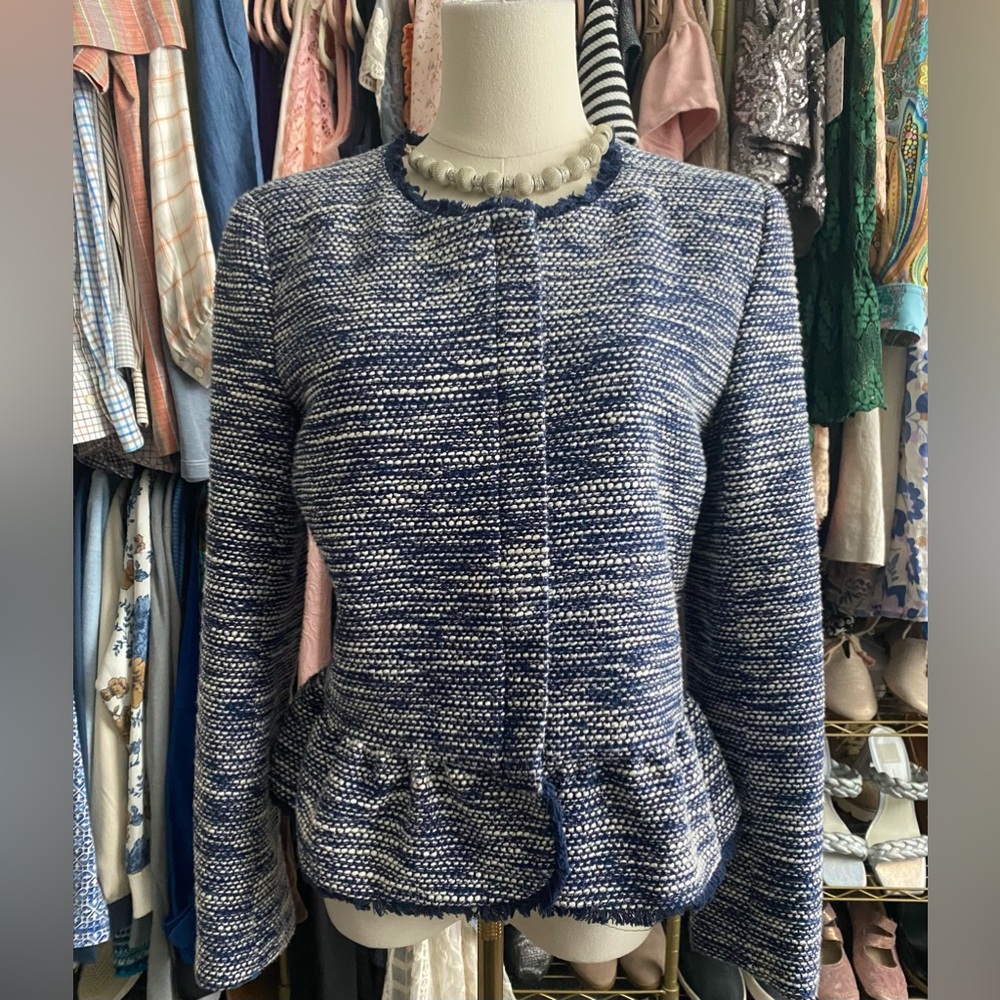 "Joie Milligan" tweed peplum jacket in a blue and white color scheme. - Picture 3 of 12